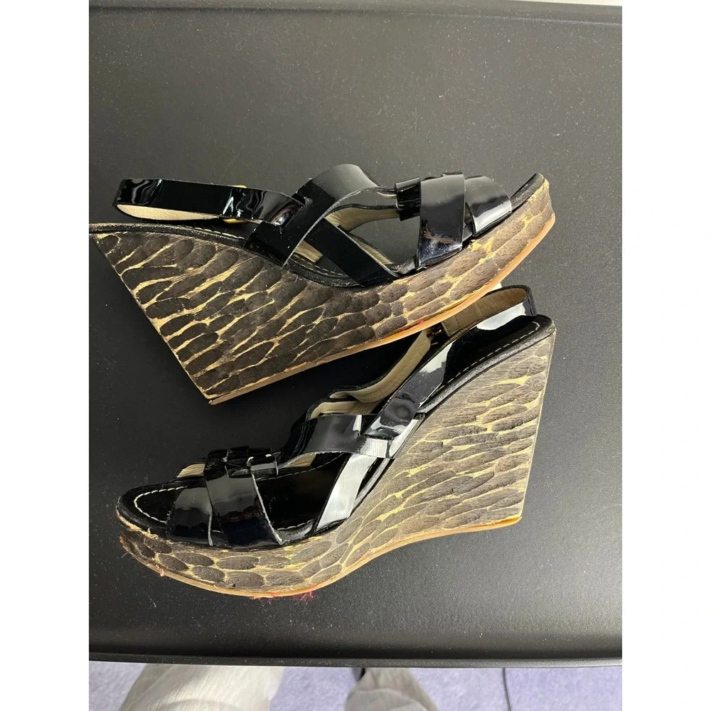 Miu Miu Sandals 10.5 IT 40.5 Boho Chic Patent Leather Carved Wood Wedge Platform
